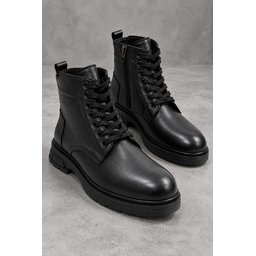 بوت رجالي Muggo DIARA شتوي جلد طبيعي برباط وسحاب - أسود Muggo DIARA Men's Genuine Leather Lace-Up & Zipper Winter Boots - Black
