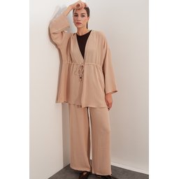 طقم نسائي قطعتين كيمونو وبنطلون Ayrobin - بيج - 30101 Women's Ayrobin Kimono & Pants Two-Piece Set - Beige - 30101