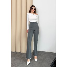 بنطلون بالازو نسائي بخصر عالٍ، مريح، مزين بأزرار وسحاب، لون فومي Women's High-Waist Buttoned Zippered Smoked Ribbed Palazzo Pants