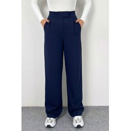 بنطلون بالازو نسائي ليكرا بخصر عالٍ وأزرار لاصقة وجيوب - كحلي Women's Lycra High-Waist Palazzo Pants with Velcro Closure and Pockets - Navy Blue