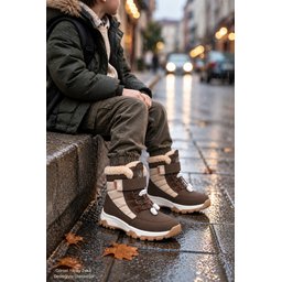 حذاء ثلج أطفال Muggo TUNDY للجنسين مبطن بالفرو مع فيلكرو ورباط - بني Muggo TUNDY Unisex Kids' Fur-Lined Snow Boot with Hook-and-Loop and Laces - Brown