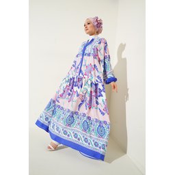 فستان محتشم بنقشة أصيلة 2423 - كحلي داكن 2423 Authentic Patterned Modest Dress - Dark Navy