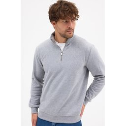 سويتشيرت رجالي رمادي بياقة قائمة وسحاب نصفي، قصة عادية من القطن المخلوط Men's Grey Standard Fit Cotton Blend Half-Zip Stand-Up Collar Sweatshirt