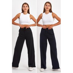 بنطال رياضي نسائي فضفاض مريح بخصر مطاطي وجيوب جانبية - أسود ورمادي فحمي Women's Seasonal Loose Wide Leg Tracksuit Bottoms with Side Pockets - Black & Anthracite