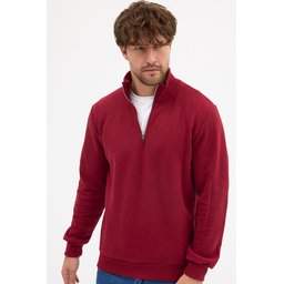 سويتشيرت رجالي قطن برقبة قائمة بسحاب نصفي، قصة عادية، لون خمري Men's Burgundy Standard Fit Cotton Half-Zip Stand Collar Sweatshirt