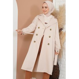 T5853 ترنشكوت نسائي محتشم بياقة متقاطعة وحزام - بيج T5853 Modest Crossover Collar Belted Trench Coat - Beige