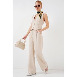 طقم نسائي قطعتين 6709 - سترة وبنطلون - كريمي 6709 Women's Vest & Trousers Two-Piece Set - Cream