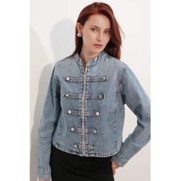 جاكيت جينز نسائي 0771 بأزرار - أزرق Women's Button-Detailed Denim Jacket 0771 - Blue