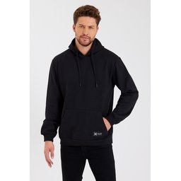 سويت شيرت رجالي أسود بغطاء رأس وجيب كانجارو - مبطن بالقطن Men's Black Hooded Sweatshirt with Kangaroo Pocket - Cotton Lined