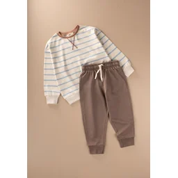 طقم سويت شيرت مخطط للأطفال 2-8 سنوات - أزرق مخطط Striped Sweatshirt Set for Kids 2-8 Years - Blue Striped