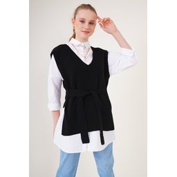 15760 سويتر تريكو بحزام - أسود 15760 Belted Knit Sweater - Black