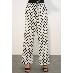 بنطلون نسائي واسع الساقين منقط 30116 - أبيض Women's Wide Leg Polka Dot Trousers 30116 - White