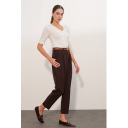 بنطلون قماش نسائي بحزام 30136 - بني Women's Belted Fabric Trousers 30136 - Brown