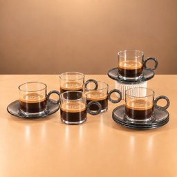 طقم فناجين قهوة زجاجية مع صحون – رصاصي Grey Glass Coffee Cups with Saucers Set