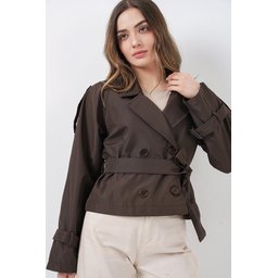 ترنشكوت نسائي قصير بحزام 5970 - بني غامق Women's Belted Short Trench Coat 5970 - Dark Brown