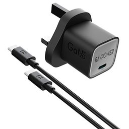 شاحن جداري غان سريع راف باور بايونيير بقوة 20 واط مع كابل تايب سي إلى تايب سي RAVPower PD Pioneer 20W GaN 5.0 USB-C Wall Charger with USB-C to USB-C Cable
