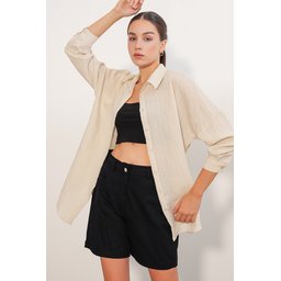 قميص نسائي فضفاض بخطوط 20407 - كريم Women's Striped Oversize Shirt 20407 - Cream