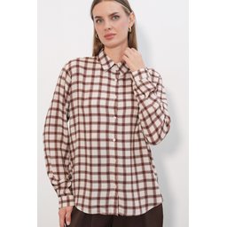 قميص نسائي بنقشة مربعات 3721 - بني غامق Women's Plaid Pattern Shirt 3721 - Dark Brown