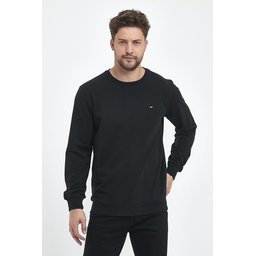 سويت شيرت رجالي أسود بقصة عادية وياقة دائرية وتطريز Men's Black Regular Fit Crew Neck Sweatshirt with Embroidery Detail