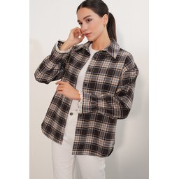 قميص نسائي بتفاصيل تول Oduncu 20410 - بني غامق Women's Tulle Detailed Oduncu Shirt 20410 - Dark Brown