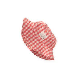 قبعة فيدورا من الموسلين العضوي للأطفال 2-8 سنوات - كاروهات مرجاني Organic Muslin Fedora Hat for Kids 2-8 Years - Coral Plaid