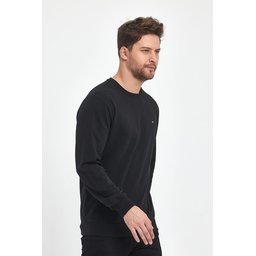 سويت شيرت رجالي أسود بقصة عادية وياقة دائرية وتطريز Men's Black Regular Fit Crew Neck Sweatshirt with Embroidery Detail
