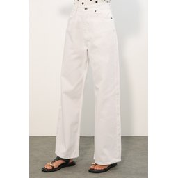 بنطلون جينز بالازو نسائي بخصر عالٍ وأرجل واسعة 6656 - أبيض Women's High-Waist Wide Leg Palazzo Jeans 6656 - White