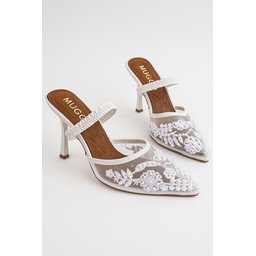 Muggo PEARLY حذاء نسائي بكعب رفيع مدبب مزين بالخرز والشبك - أبيض Muggo PEARLY Pointed Toe Beaded Mesh Stiletto Mules for Women - White