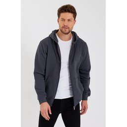 METALIC سترة رجالية بغطاء رأس وسحاب، بجيوب كانجارو، مبطنة بالقطن - أنثراسيت METALIC Men's Hooded Zipper Cardigan with Kangaroo Pockets, Cotton Lined - Anthracite