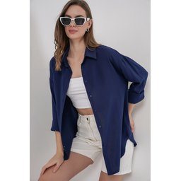 قميص نسائي أوفرسايز فيسكوز 3785 - كحلي Women's Oversize Viscose Shirt 3785 - Navy Blue