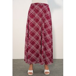 تنورة نسائية مبطنة بنقشة 8075 - خمري داكن Women's Patterned Lined Skirt 8075 - Dark Burgundy