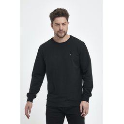 سويت شيرت رجالي أسود بقصة عادية وياقة دائرية وتطريز Men's Black Regular Fit Crew Neck Sweatshirt with Embroidery Detail
