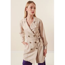 5864 ترنشكوت قصير بياقة متقاطعة - بيج 5864 Crossover Collar Short Trench Coat - Beige