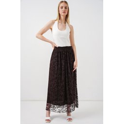 تنورة نسائية مبطنة بطبعة فلوك 8076 - بني Women's Flocked Print Lined Skirt 8076 - Brown