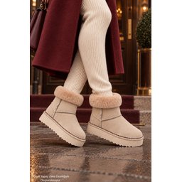 حذاء Muggo NELİS نسائي شتوي يومي مبطن بالفرو - بيج Muggo NELİS Women's Casual Winter Ankle Boot - Beige