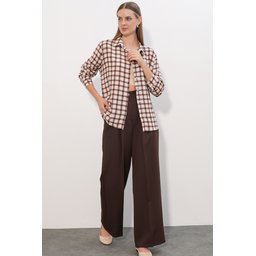 قميص نسائي بنقشة مربعات 3721 - بني غامق Women's Plaid Pattern Shirt 3721 - Dark Brown