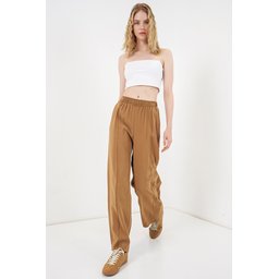 بنطلون نسائي واسع الساق بخصر مطاطي 30087 - لون توبا Women's Elastic Waist Wide Leg Trousers 30087 - Taba