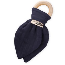 عضاضة أسنان قماش الموسلين والخشب الطبيعي للأطفال - أزرق داكن Muslin Fabric and Natural Wood Teether for Babies - Navy Blue
