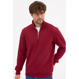 سويتشيرت رجالي قطن برقبة قائمة بسحاب نصفي، قصة عادية، لون خمري Men's Burgundy Standard Fit Cotton Half-Zip Stand Collar Sweatshirt