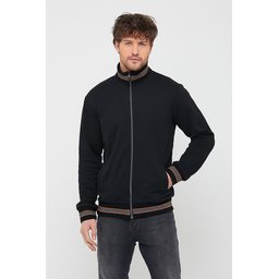 جاكيت كارديجان رجالي أسود بياقة قائمة وسحاب، بقصة عادية وأكمام طويلة Men's Black Regular Fit Stand-Up Collar Zippered Long Sleeve Cardigan