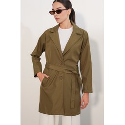 ترنشكوت نسائي قصير بحزام 5990 - كاكي Women's Belted Short Trench Coat 5990 - Khaki