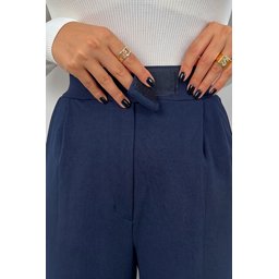 بنطلون بالازو نسائي ليكرا بخصر عالٍ وأزرار لاصقة وجيوب - كحلي Women's Lycra High-Waist Palazzo Pants with Velcro Closure and Pockets - Navy Blue