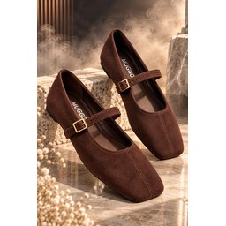 حذاء MUGGO FLEUR ماري جين نسائي مسطح برباط واحد ومقدمة مربعة - بني Muggo FLEUR Women's Single-Strap Square-Toe Flat Mary Jane Shoes - Brown