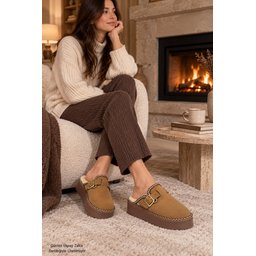 شبشب نسائي شتوي يومي Muggo MAYRA مبطن بالفرو مع إبزيم - توباكو Muggo MAYRA Women's Buckled Faux-Fur Lined Winter Daily Slipper - Taba