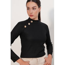 بلوزة نسائية بأكمام طويلة وتفاصيل أزرار 40044 - أسود Women's Long Sleeve Blouse with Button Detail 40044 - Black