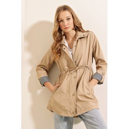 ترنشكوت بيج برباط خصر 10322 10322 Beige Trench Coat with Drawstring Waist