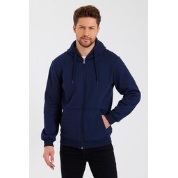 METALIC سترة رجالية بغطاء رأس وسحاب، جيب كنغر، مبطنة بالقطن - كحلي METALIC Men's Navy Hooded Zipper Cardigan with Kangaroo Pocket, Cotton Lined