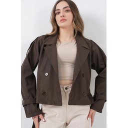 ترنشكوت نسائي قصير بحزام 5970 - بني غامق Women's Belted Short Trench Coat 5970 - Dark Brown