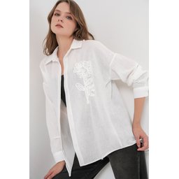 قميص نسائي كتان واسع 20338 - أبيض Women's Oversize Linen Shirt 20338 - White