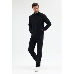 طقم تريننج رجالي أسود بجيوب، قطن، قصة مريحة Men's Black Cotton Regular Fit Tracksuit Set with Pockets